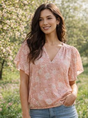 Express Floral Blouse -Soft Pink Spring Top, Flutter Sleeve, Elastic Hem Size XL